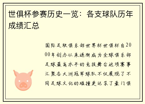 世俱杯参赛历史一览：各支球队历年成绩汇总