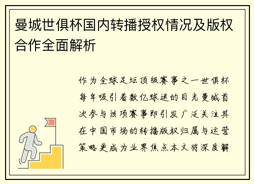 曼城世俱杯国内转播授权情况及版权合作全面解析