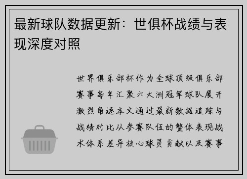 最新球队数据更新：世俱杯战绩与表现深度对照