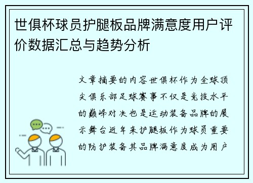 世俱杯球员护腿板品牌满意度用户评价数据汇总与趋势分析